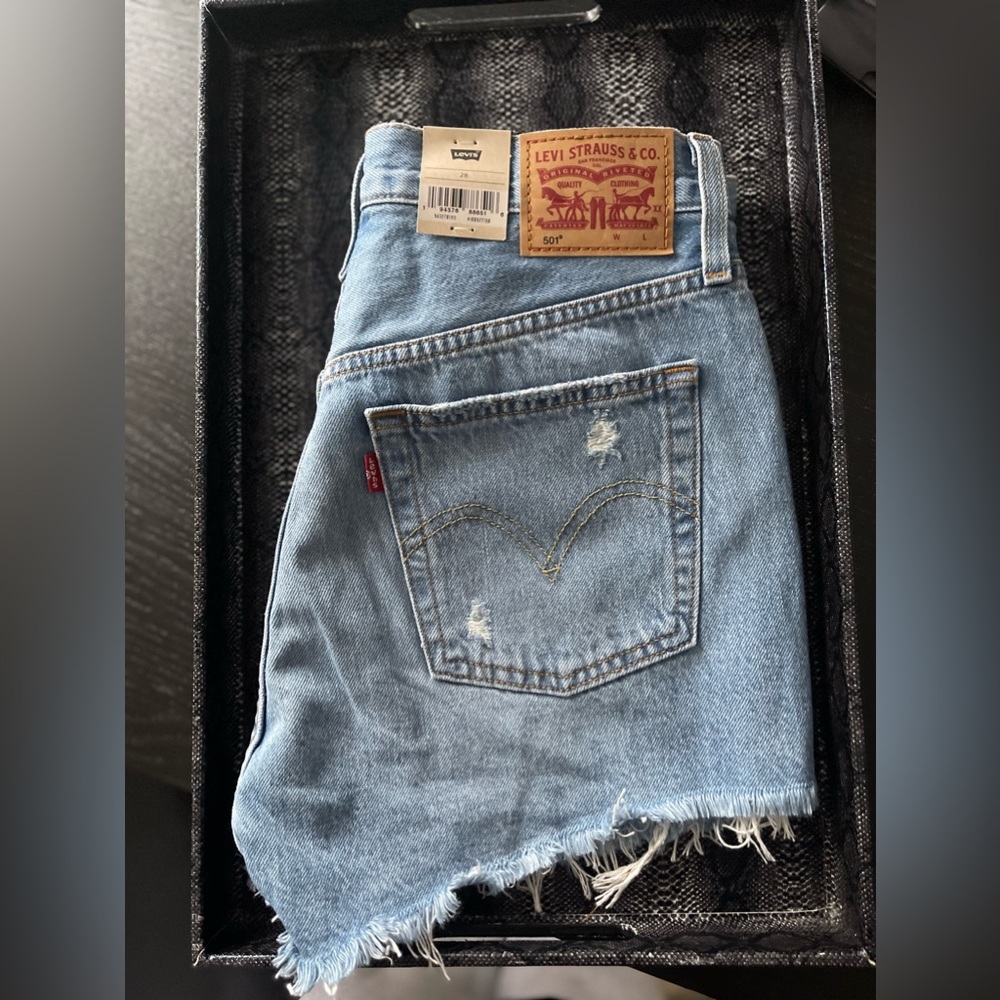 Levi’s button fly cutoffs- distressed